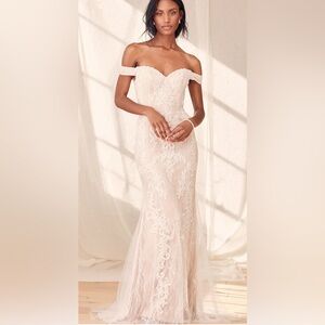 Lulus Promised Love White Beaded Lace Off-The-Shoulder Wedding Dress